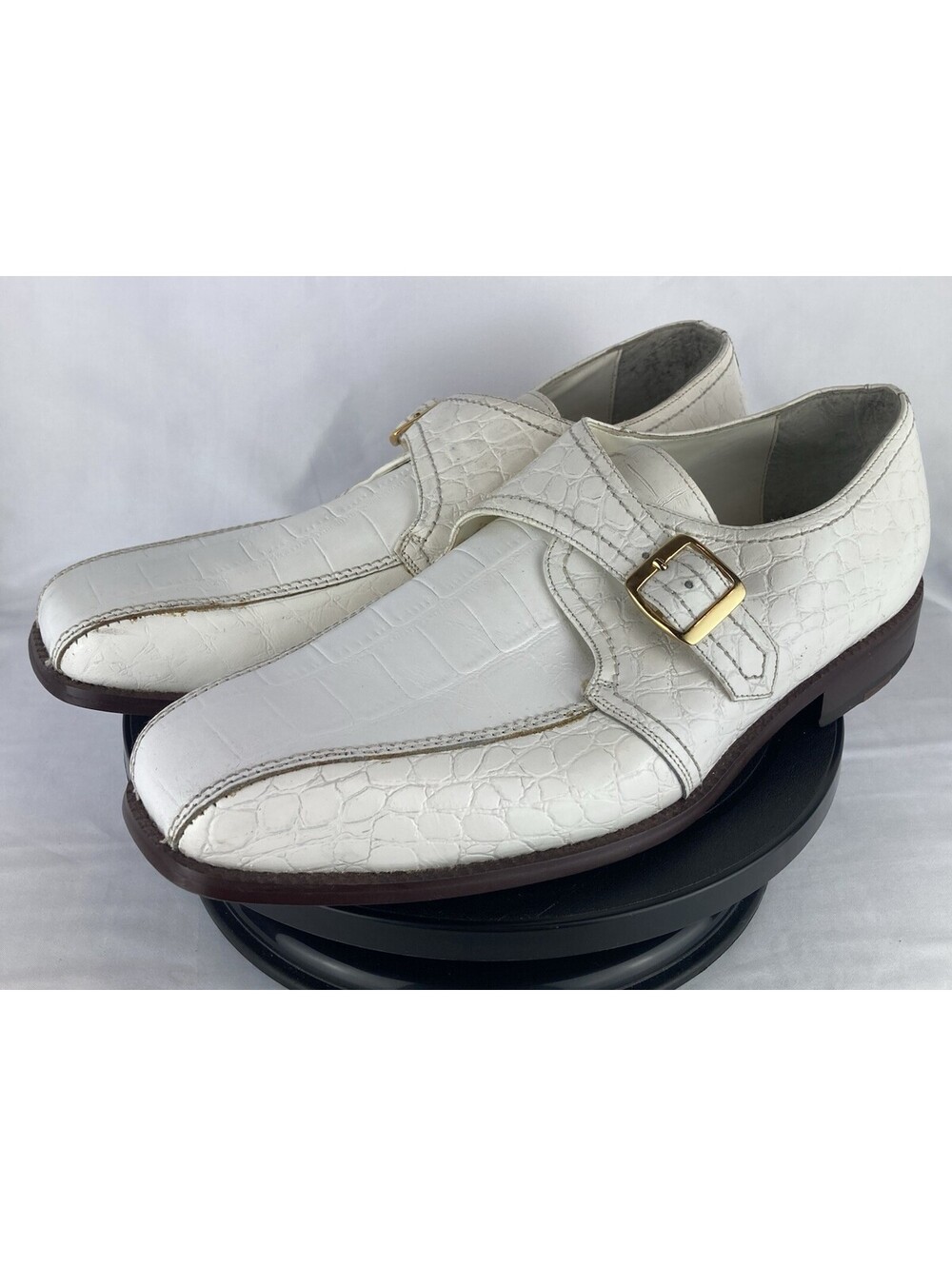 Men’s 13 Donato Marrone White Leather Alligator Embossed Single Monk Strap Shoes